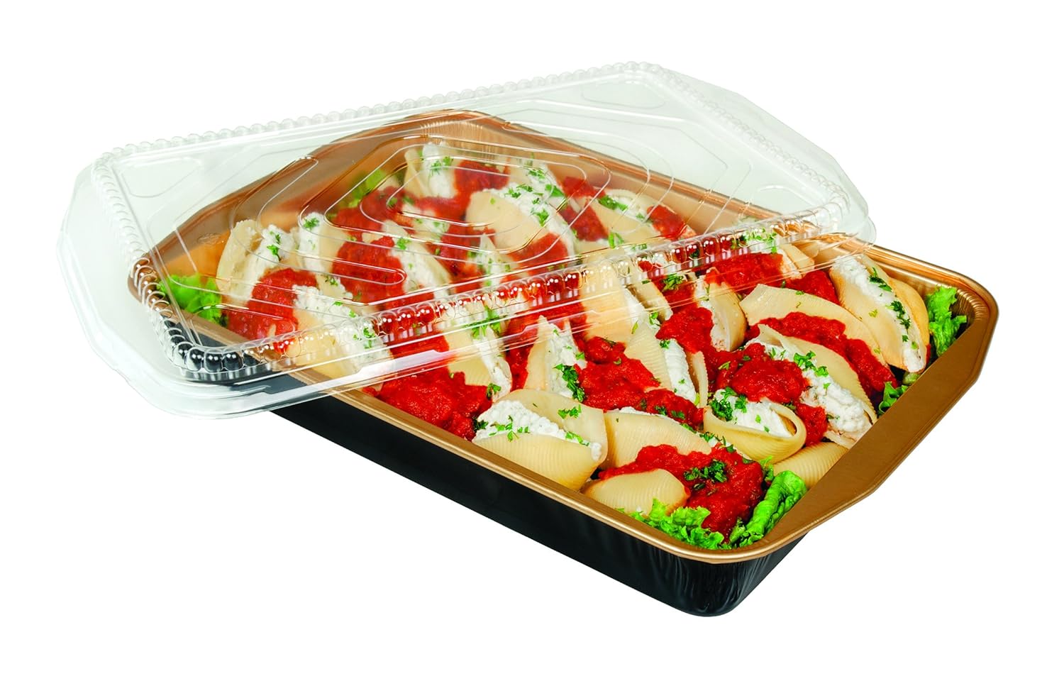 Extra-Large 7 lb. Rectangular Black and Gold Entrée Foil Pan w/Clear Dome Lid 5/PK