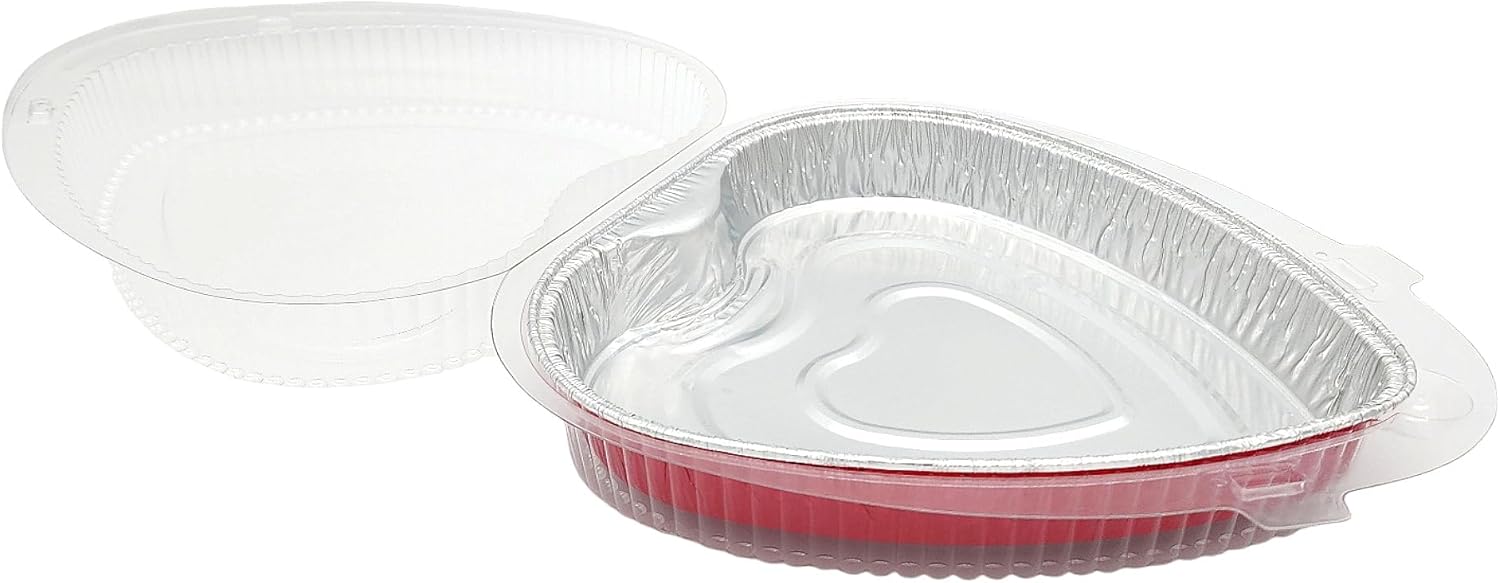 Red Aluminum Foil Heart Cake Pan With Clear Plastic Hinged Lid Container 10/PK
