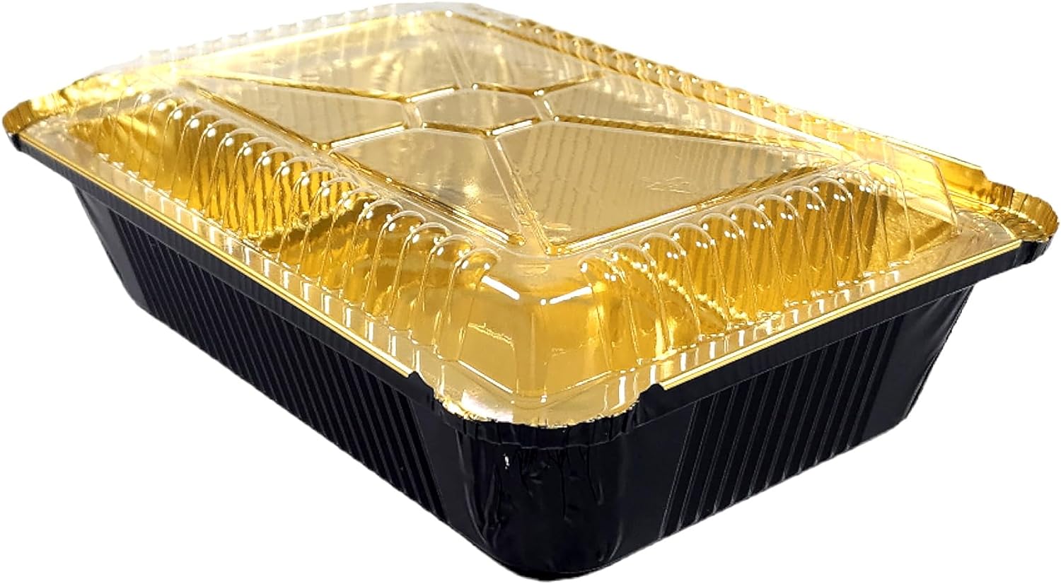 2 1/4 lb. Oblong Black & Gold Aluminum Foil Pans Take Out Heavy Duty Containers W/Clear Dome Lids 50/PK