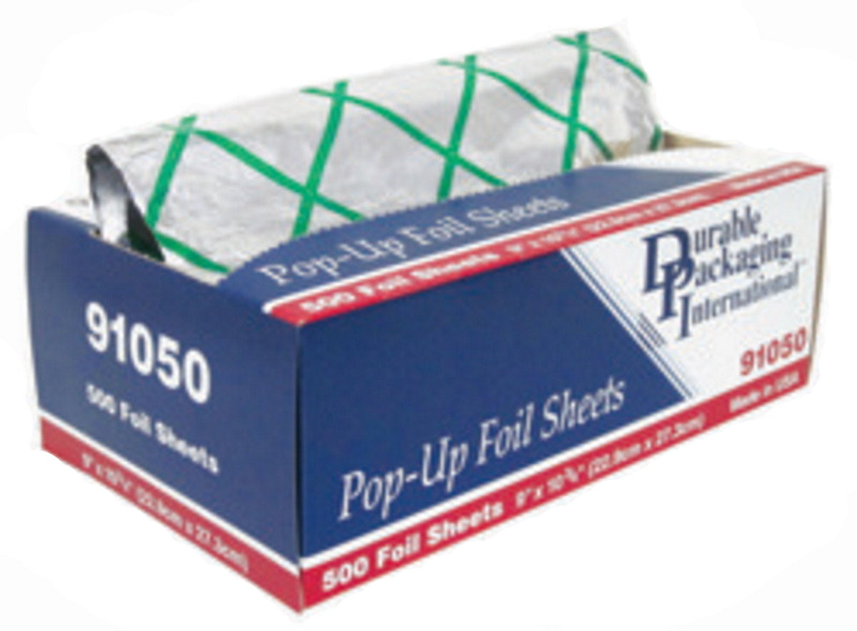 Durable 9" x 10.75" Aluminum Foil Pop-Up Sheets - Silver w/Green Hatch 6 x 500/CS