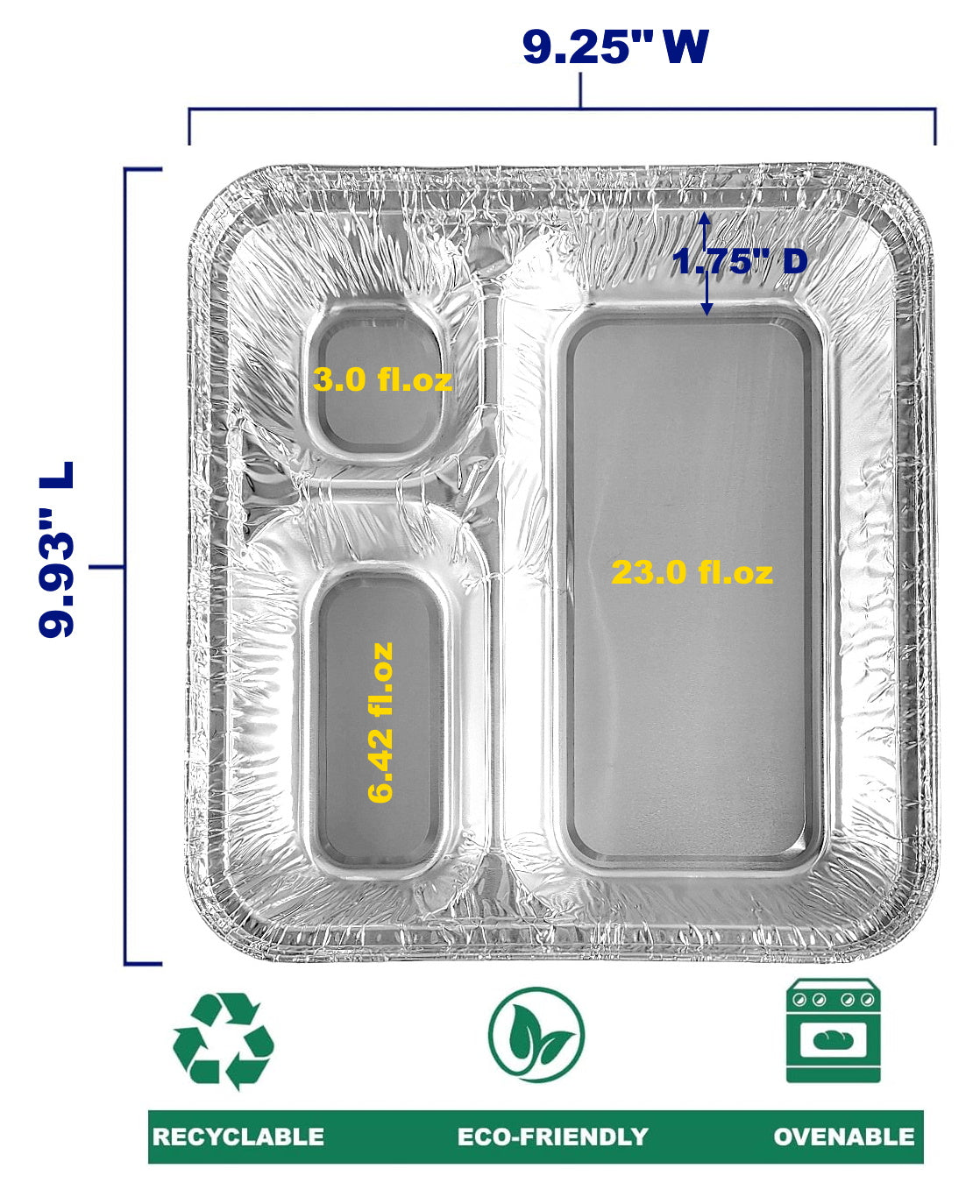 PACTOGO Large 3-Compartment Oblong TV Dinner Aluminum Foil Pan w/Board Lid 10/PK