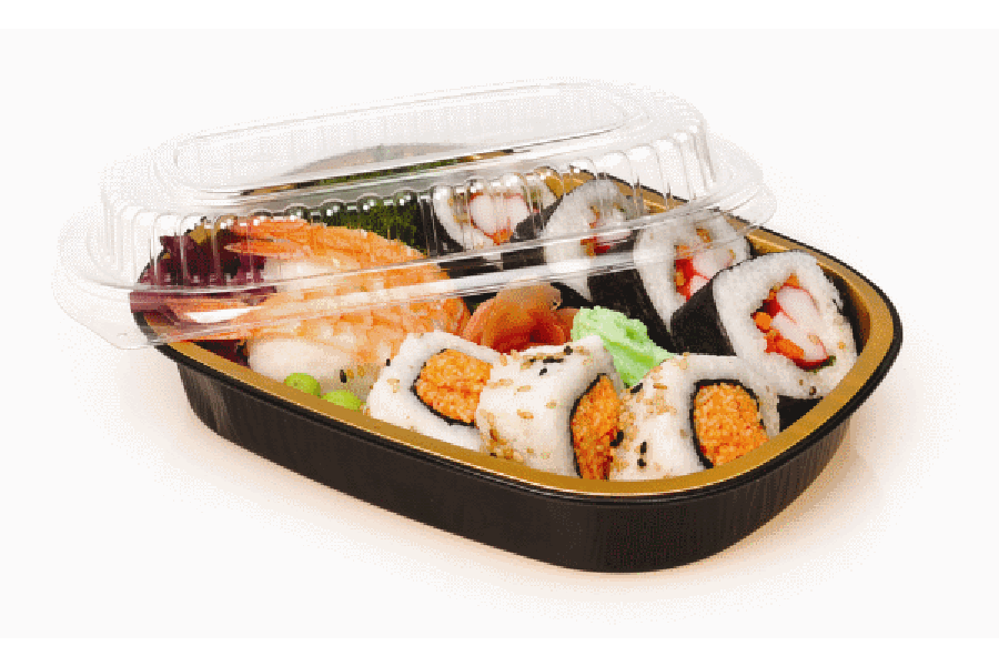 23 oz. Small Black and Gold Entrée Foil Pan w/Clear Dome Lid 100/CS