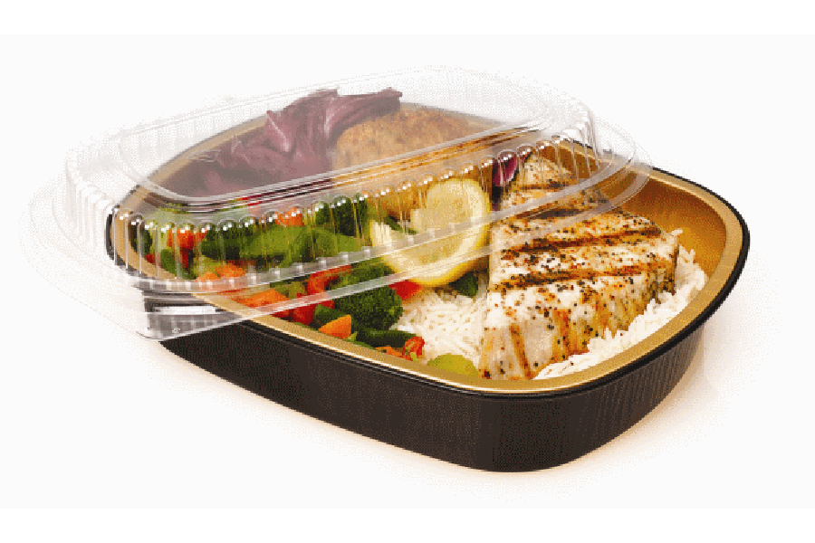 HFA Gourmet-to-Go 4 lb. Large Black and Gold Entrée Foil Pan w/Clear Dome Lid 50/CS