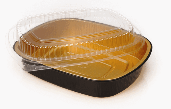 3 lb. Medium Black and Gold Entrée Foil Pan w/Clear Dome Lid 50/CS
