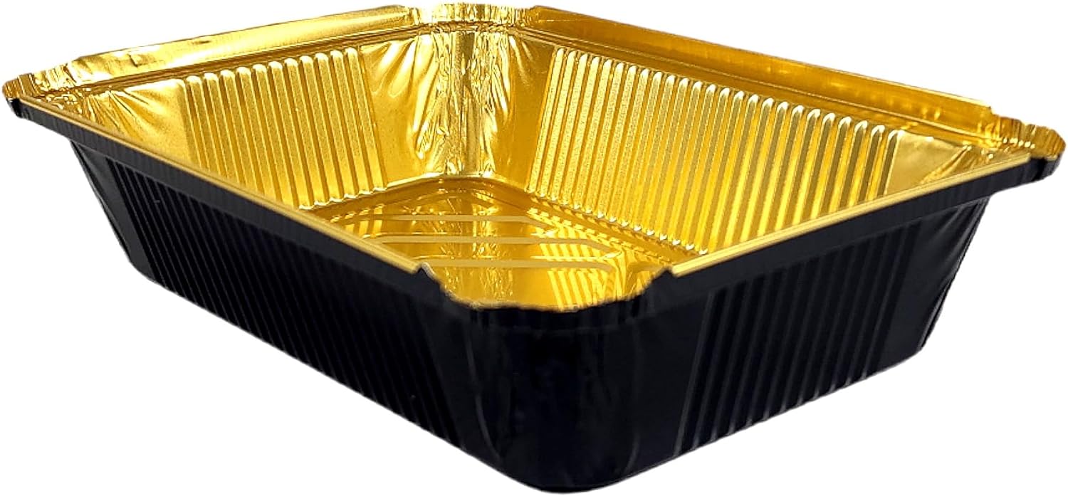 2 1/4 lb. Oblong Black & Gold Aluminum Foil Pans Take Out Heavy Duty Containers W/Clear Dome Lids 500/CS