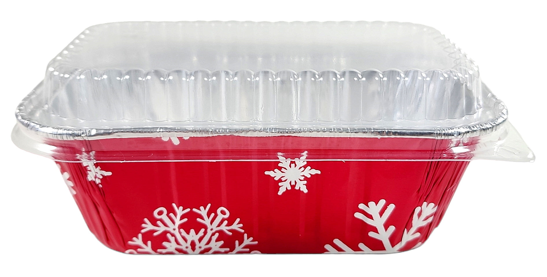 Pactogo 1 lb. Red Aluminum Foil Holiday Mini-Loaf Snowflake Pan w/Clear Low Dome Lid 200/CS