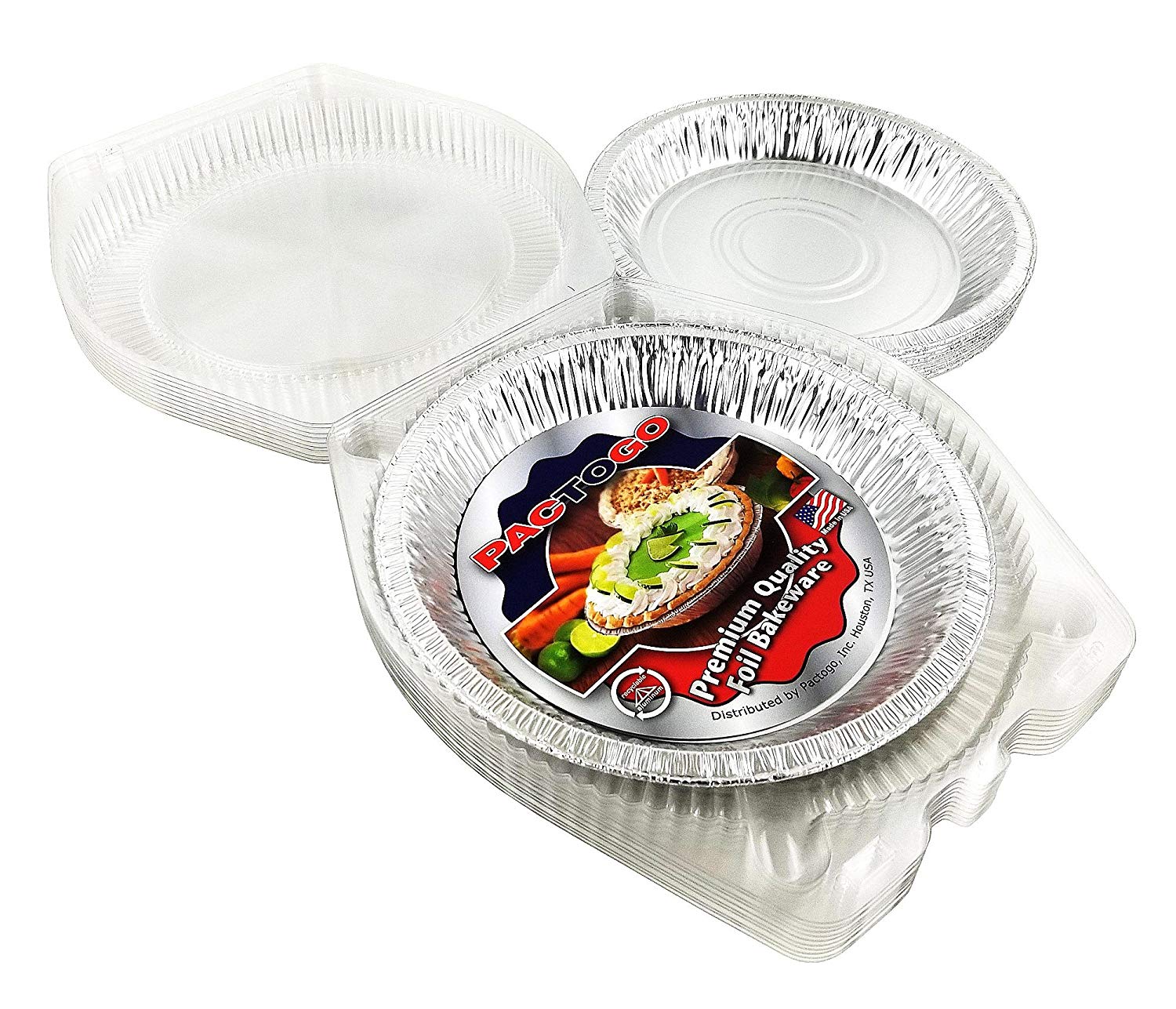 Pactogo 10" Foil Pie Pan 1-3/16" Deep w/Clear Low Dome Clamshell Container Combo 50/PK