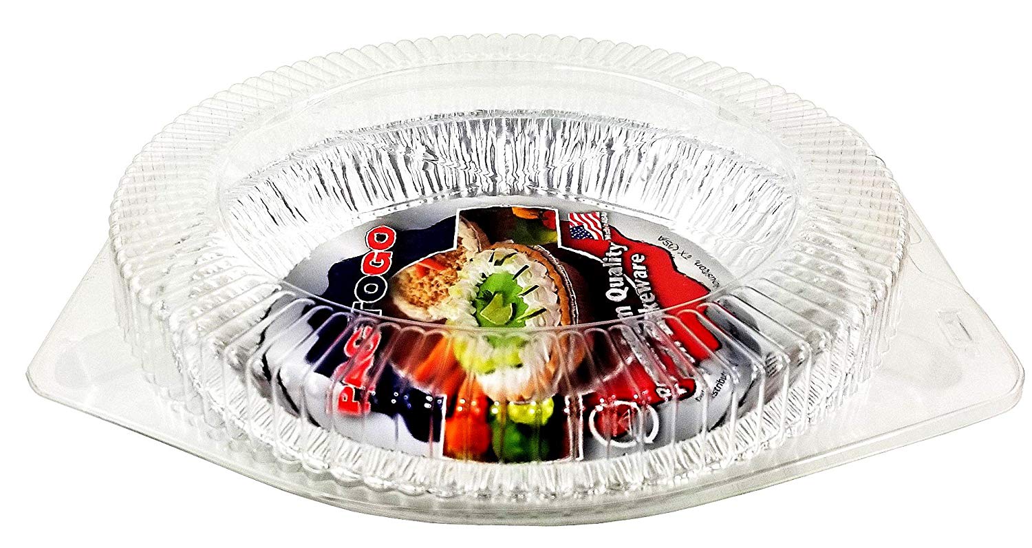 Pactogo 10" Foil Pie Pan 1-3/16" Deep w/Clear Low Dome Clamshell Container Combo 50/PK