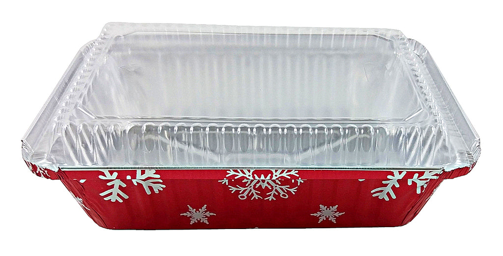 1 lb. Red Holiday Christmas Snowflake Aluminum Foil Small Mini Loaf / Bread  Baking Pans with Clear Dome Lids (Pack of 200 Sets)