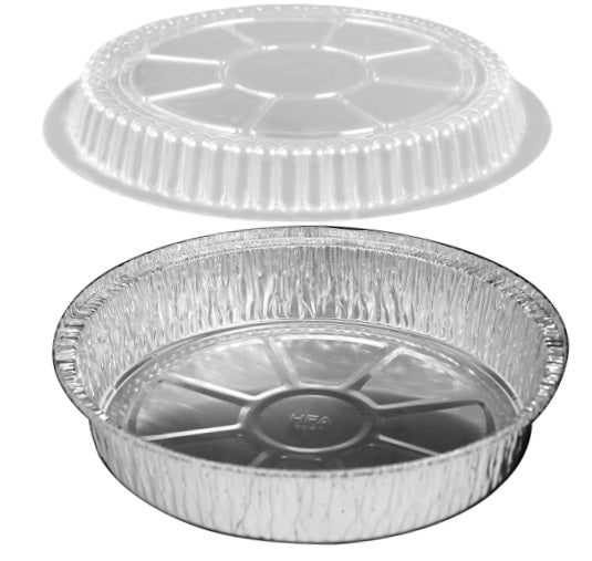 Foil Lux 36 oz Round Aluminum Take Out Pan - Heavy Weight - 8 inch x 8 inch x 2 inch - 100 Count Box, Silver