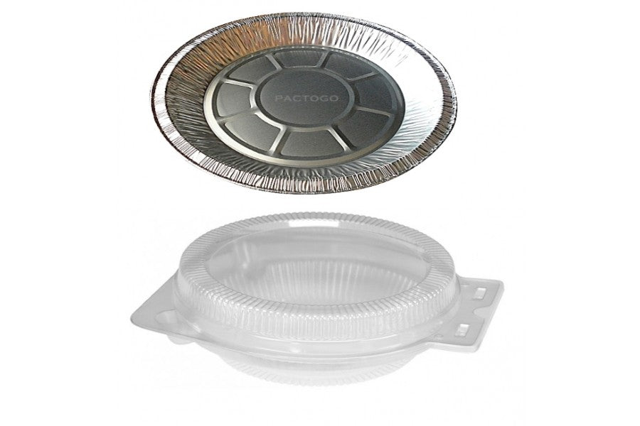 9" Foil Pie Pan 1-5/16" Deep w/Clear Dome Clamshell Container Combo 50/PK