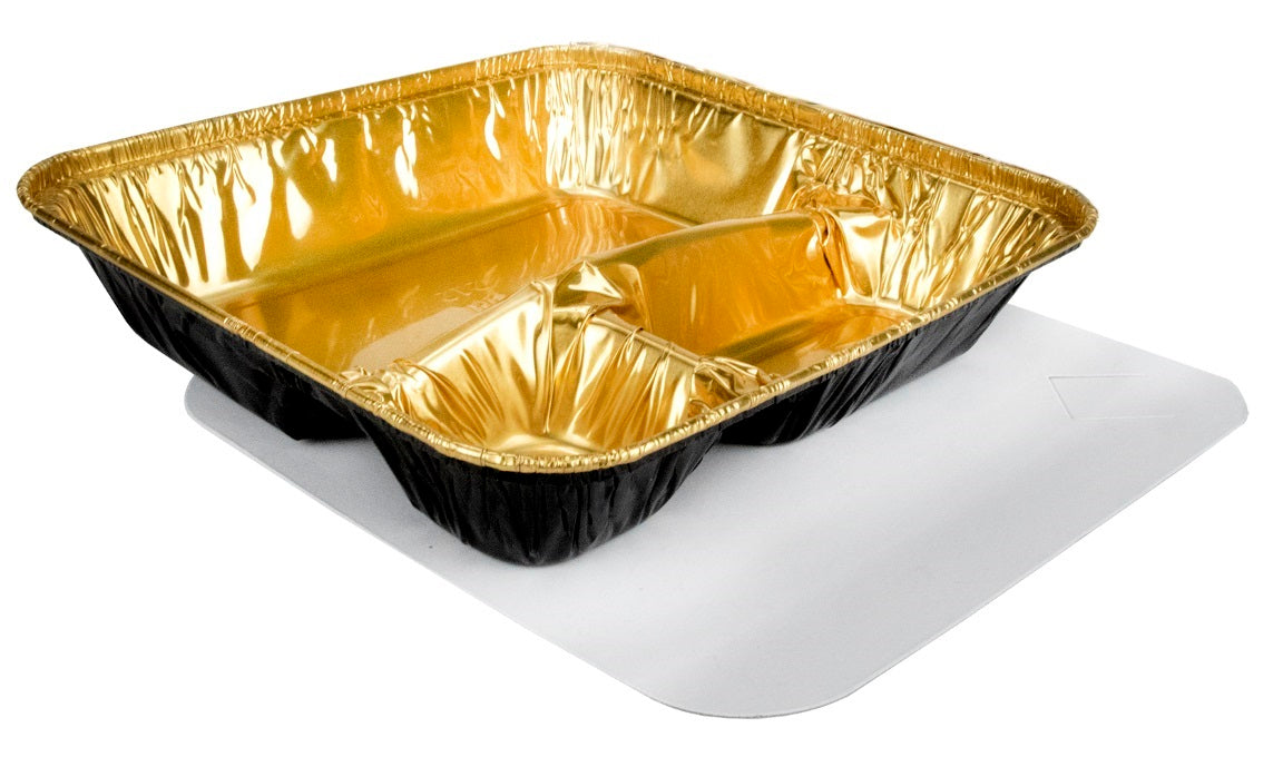 Durable Packaging Large 3-Compartment Black & Gold Oblong TV Dinner  Aluminum Foil Pan w/Board Lid 50/CS