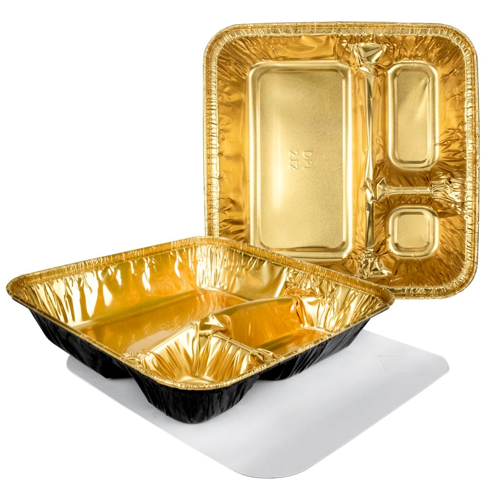 Durable Packaging Large 3-Compartment Black & Gold Oblong TV Dinner Al –