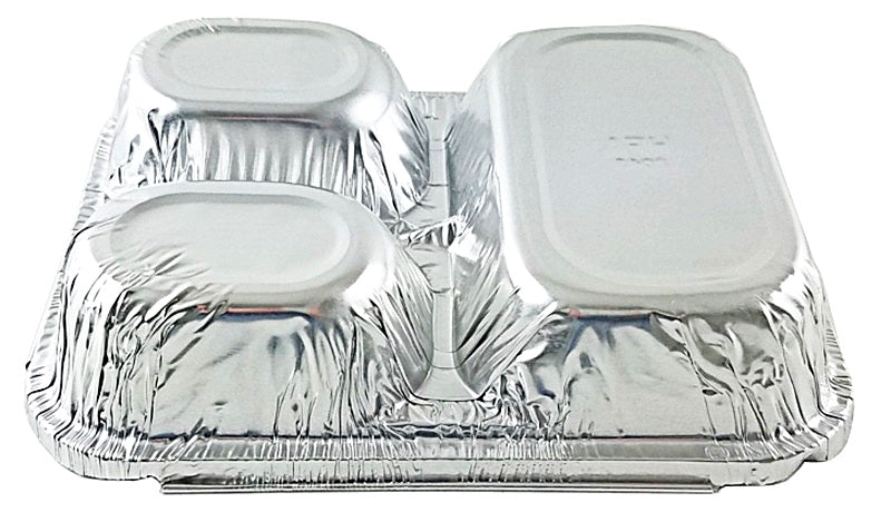 100 3 Compartment foil Tray and Lid 227mm x 177mm x 39mm 210cc/290cc/490cc P