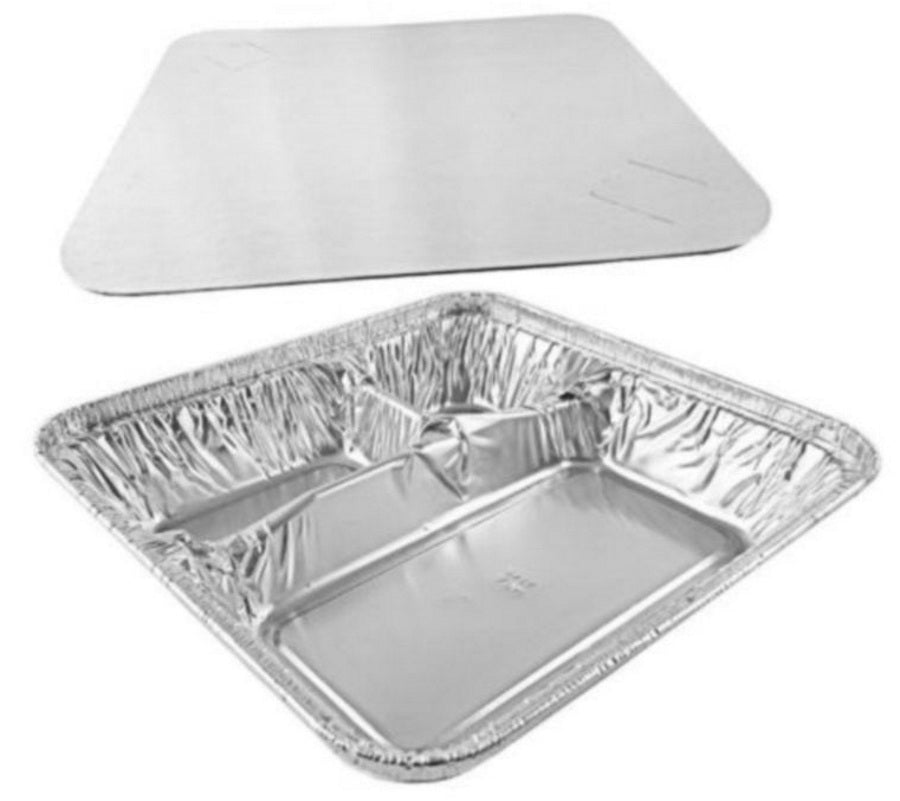 Large 3-Compartment Oblong TV Dinner Aluminum Foil Pan w/Board Lid 50/PK