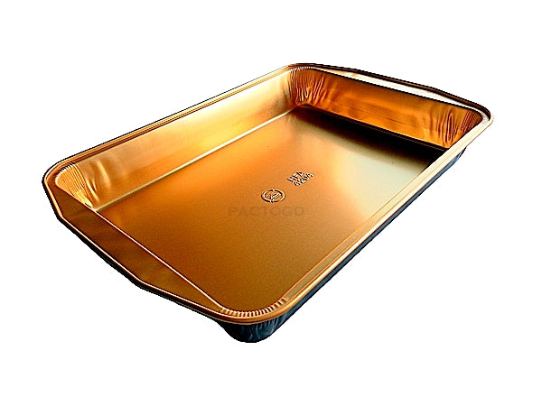 HFA Gourmet-To-Go Extra-Large 7 lb. Rectangular Black and Gold Entrée Foil Pan w/Clear Dome Lid 5/PK