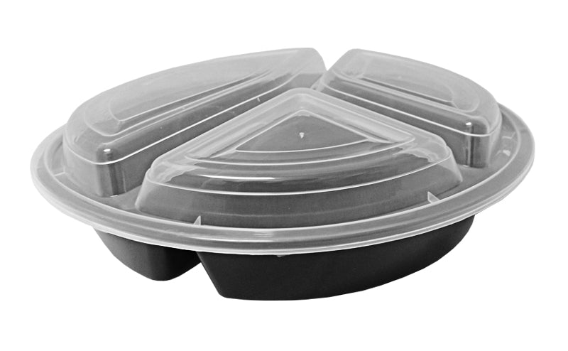39 oz. Round Black 9" Container 3 Compartment w/Lid Combo 50/PK