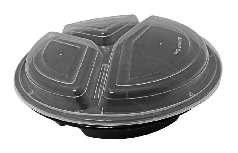 3 Compartment 33 oz. Rectangular Black Containers and Lids, Case