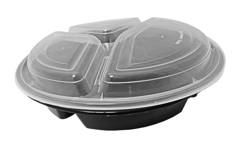 Choice 33 oz. Black 9 Round 3-Compartment Microwavable Heavy