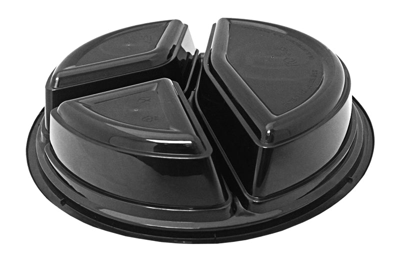 39 oz. Round Black 9" Container 3 Compartment w/Lid Combo 50/PK