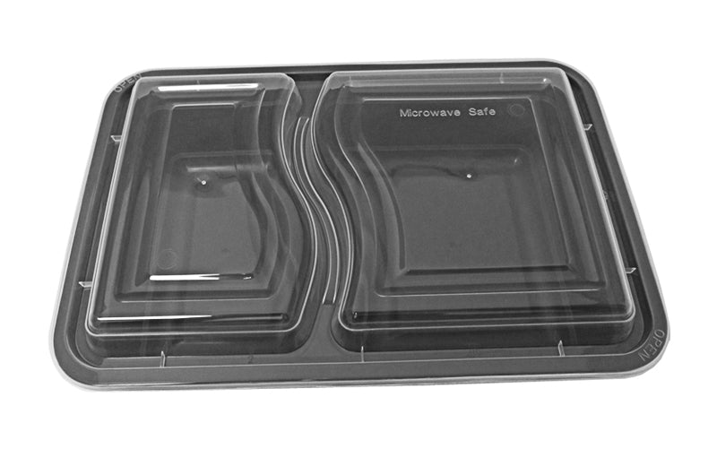 2 Compartment 32 oz. Rectangular Black Containers and Lids, Case of 150 -  Pack of 50 - Pallet (40 Cases)