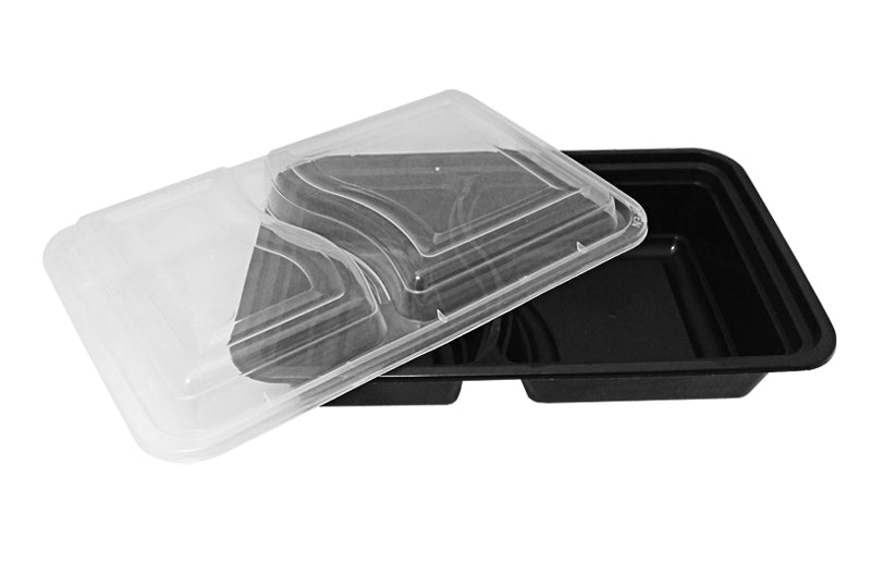 Choice 11 x 8 1/2 x 3 Microwaveable 2-Compartment Black / Clear Plastic  Hinged Container - 100/Case